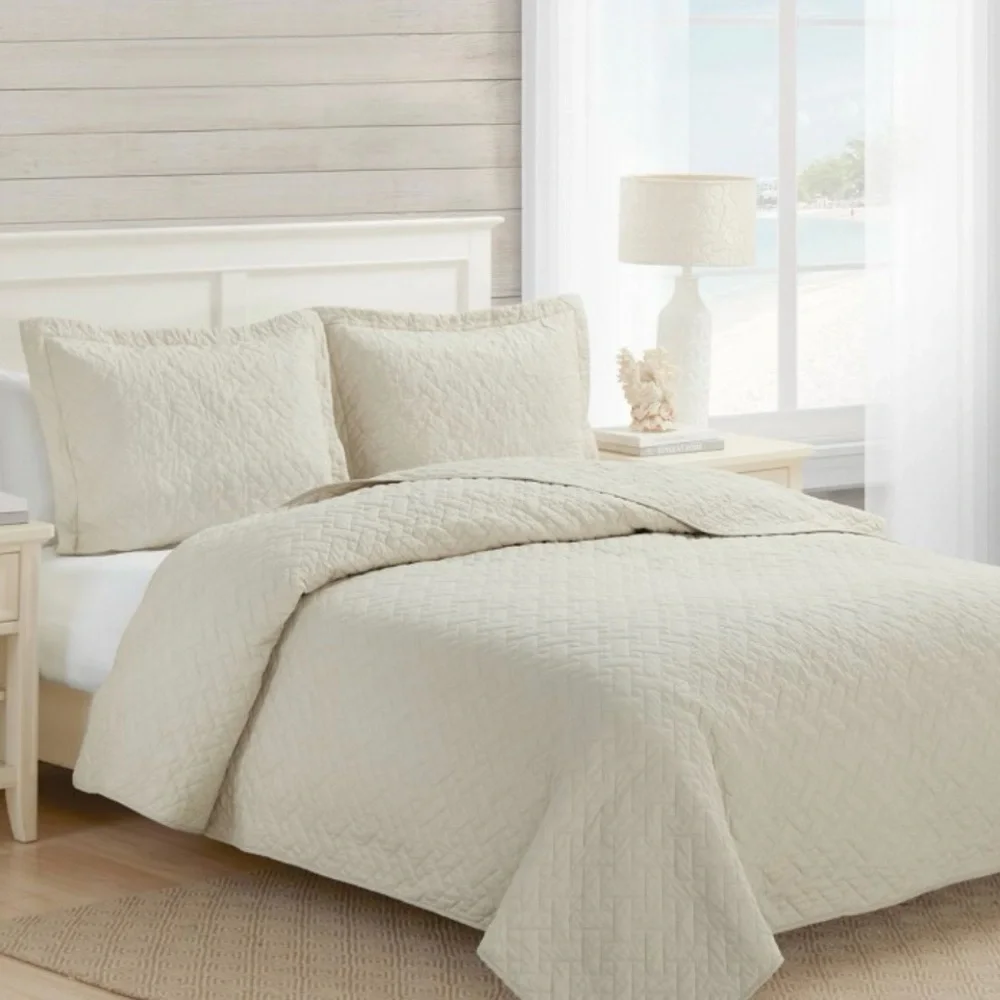 NWT Tommy Bahama Beige Raffia Solid 2-Piece Twin Quilt Set Coastal Prep Classic